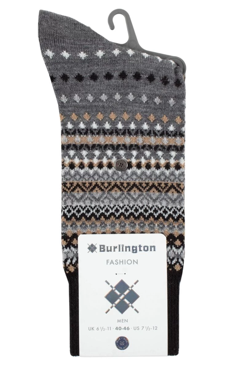 Mens 1 Pair Burlington Ancient Fair Isle Wool Socks