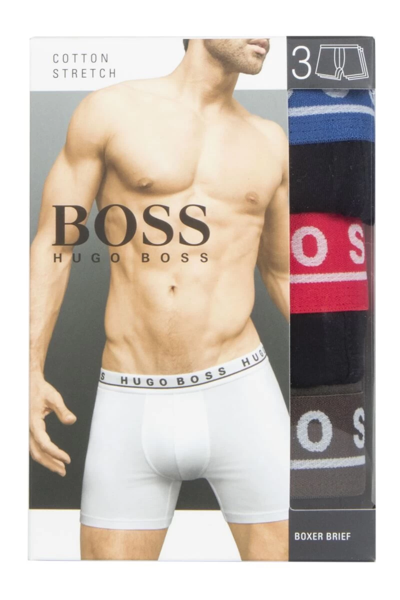Mens 3 Pack BOSS Cotton Contrast Waistband Longer Leg Boxer Briefs