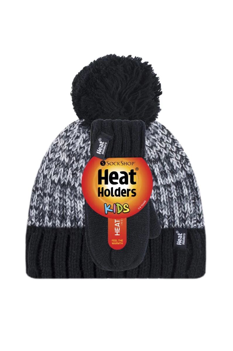 Kids 1 Pack SOCKSHOP Heat Holders Turn Over Pom Pom Hat & Mittens