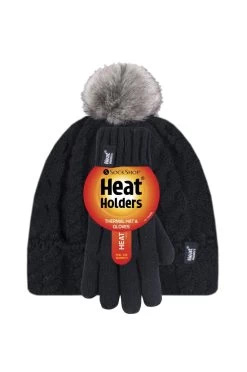 Kids 1 Pack SOCKSHOP Heat Holders Cable Turn Over Pom Pom Hat & Gloves