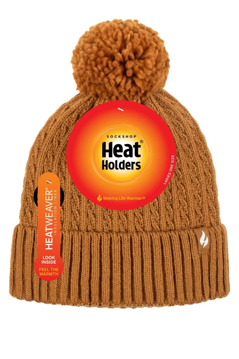 Ladies 1 Pack Heat Holders Ellery Cable Turnover Cuff Pom Pom Hat