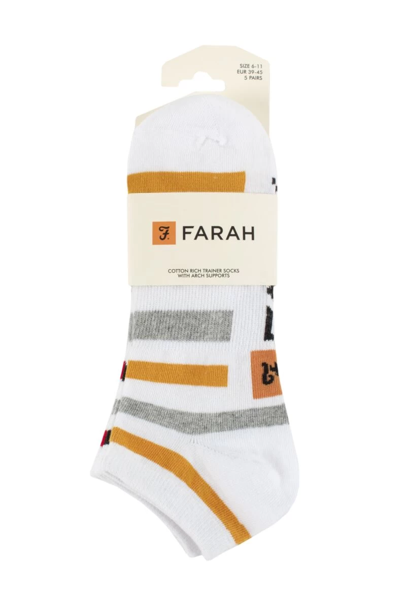 Mens 5 Pair Farah Arch Support Striped Cotton Trainer Socks