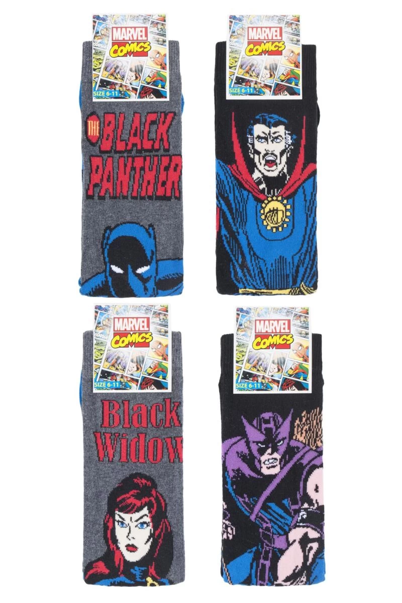4 Pair Marvel Hawkeye, Black Widow, Black Panther And Doctor Strange Cotton Socks Men's - Film & TV Characters