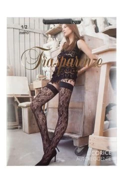 Ladies 1 Pair Trasparenze Licorice Floral Net Hold Ups