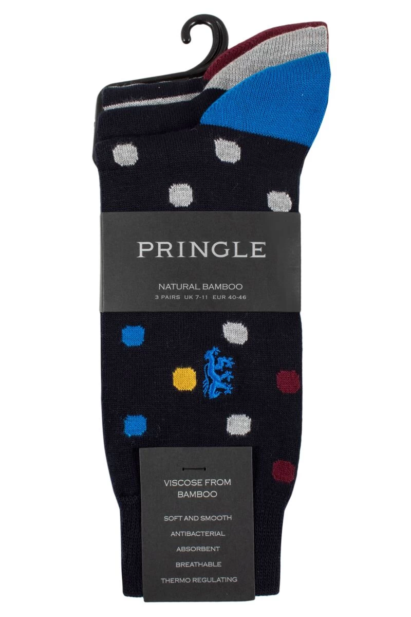 Mens 3 Pair Pringle Black Label Bamboo Patterned, Argyle And Striped Socks