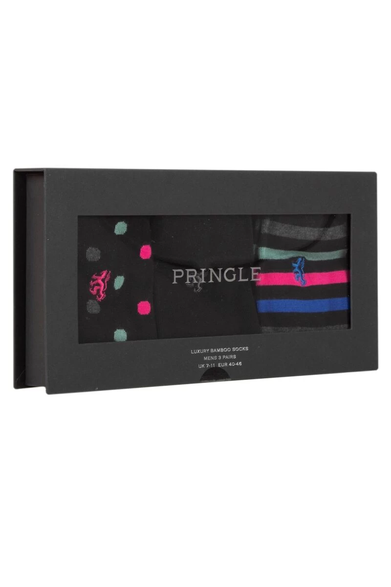 Mens 3 Pair Pringle Plain And Patterned Gift Boxed Bamboo Socks