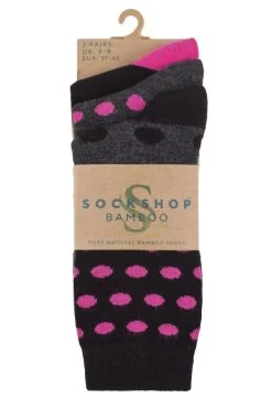Ladies 3 Pair SOCKSHOP Patterned Plain And Striped Bamboo Socks