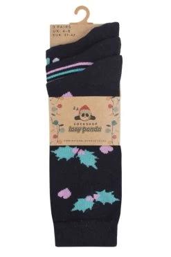 Ladies 3 Pair SOCKSHOP Lazy Panda Christmas Bamboo Socks