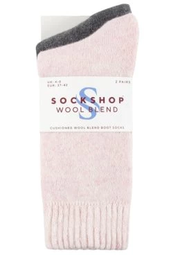 2 Pair Wool Mix Striped And Plain Boot Socks Ladies - SOCKSHOP