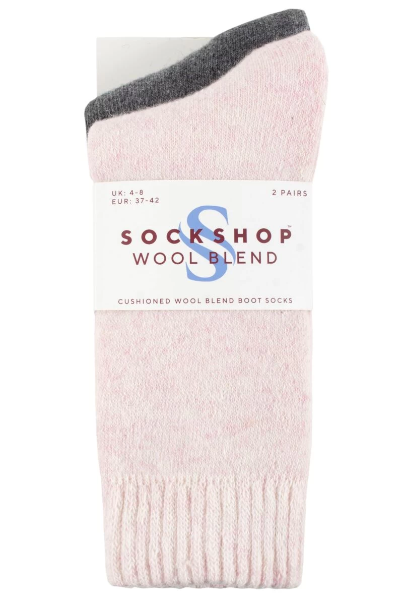 2 Pair Wool Mix Striped And Plain Boot Socks Ladies - SOCKSHOP