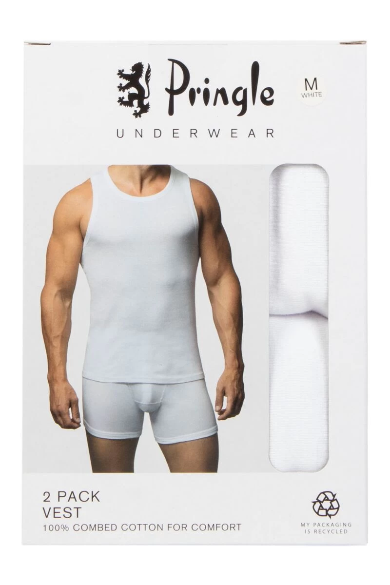 Mens 2 Pack Pringle Cotton Round Neck Vests