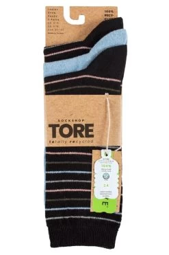 Ladies 3 Pair SOCKSHOP TORE 100% Recycled Multi Stripe Cotton Socks