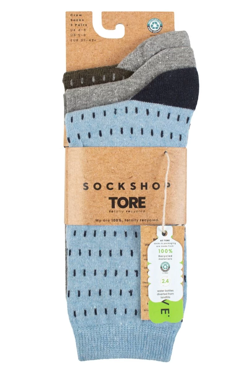 Ladies 3 Pair SOCKSHOP TORE 100% Recycled Cotton Dash Patterned Socks